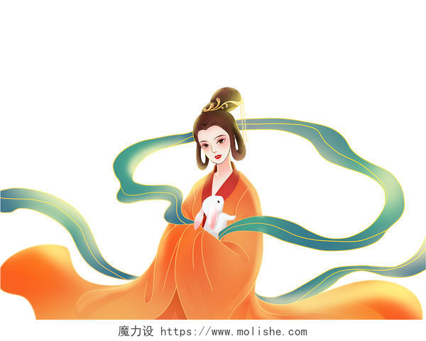 彩色手绘卡通古风中国风嫦娥玉兔中秋节元素PNG素材